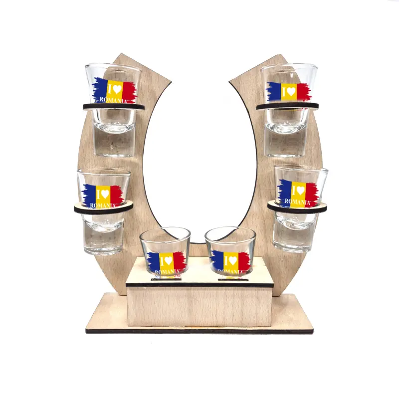 I love romania, suport potcoava din lemn cu 6 pahare tip shout, model hgs031b